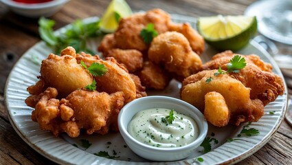 Fototapeta premium Delicious deep fried conch fritters with lime sauce