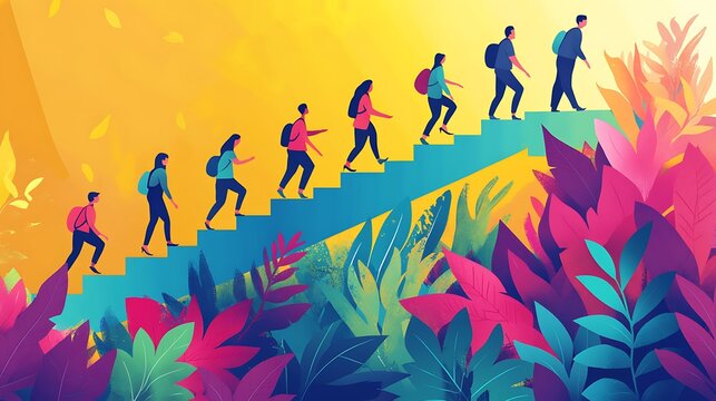 Group climbing colorful steps