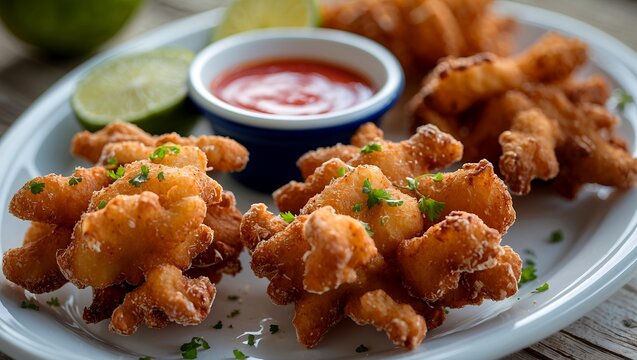 Delicious deep fried conch fritters with lime sauce