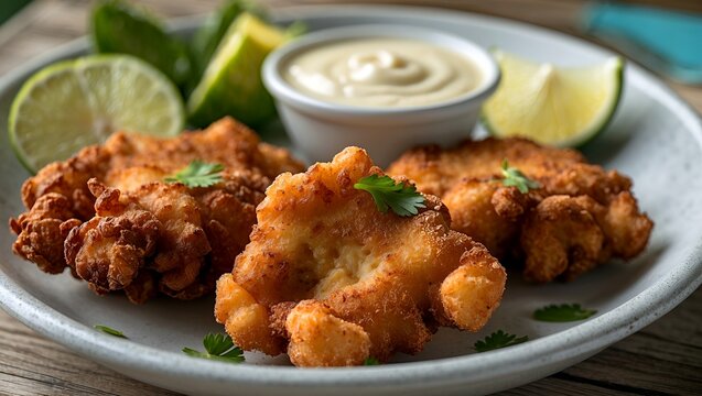 Delicious deep fried conch fritters with lime sauce