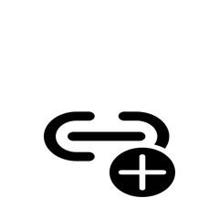A simple black and white icon depicting a link with a plus sign indicating adding a new connection point