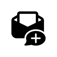 Open black envelope with a white rectangle inside and a plus sign in a speech bubble icon design