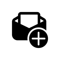 Icon depicting an open envelope with a white sheet inside and a plus sign inside a circle overlaying it