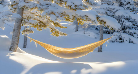 Serene Relaxation: Hammock Amidst a Winter Wonderland Landscape View