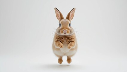Obraz premium Playful Rabbit Jumping in Mid Air Against a White Background with Fluffy Fur and Expressive Eyes