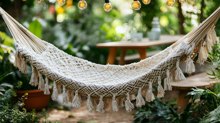 Bohemian styled hammock hanging amidst lush garden with vintage string lights