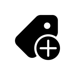 A black tag icon with a plus sign inside a circle representing adding or creating a new tag element design