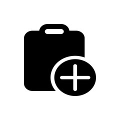A black and white graphic of a rounded rectangle with a handle and a plus sign in a circle overlayed 100