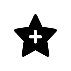 A simple black star icon with a white plus sign centered inside against a white background illustration