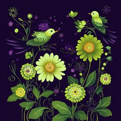 Obraz premium Illustration of two green birds with decorative green flowers and swirling vines on a dark purple background conveying a whimsical and lively mood