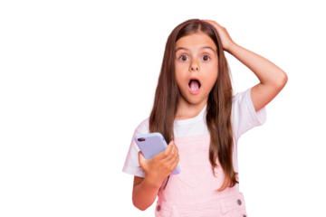 Photo of little lady free time hands hold telephone reader bad news watch date holidays over wear overall isolated pink background
