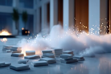 Cloud of mist rising from scattered books in a modern indoor space with subtle lighting effects