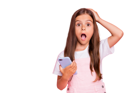 Photo of little lady free time hands hold telephone reader bad news watch date holidays over wear overall isolated pink background