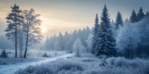 Serene Winter Sunrise in a Snow-Covered Forest