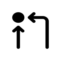 Illustration of a circle above an arrow pointing up and an arrow turning to the left on white background