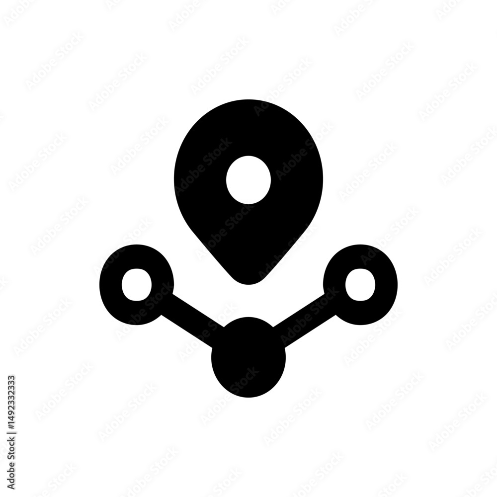 Poster location pin icon above network graph showing connection points in a simple black and white design s