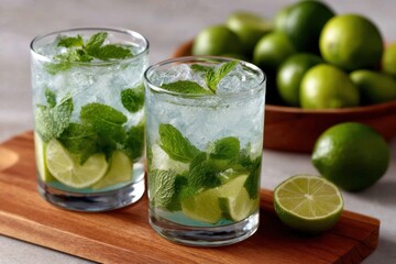 Fototapeta premium Refreshing mojitos with mint and lime served on a wooden tray next to fresh limes