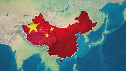 Zoom from Earth to China. (Country Flag) Country map animation with highlighted country borders. Asia Cinematic 3d world map animation highlights aerial views, tourism, and travel. 4k