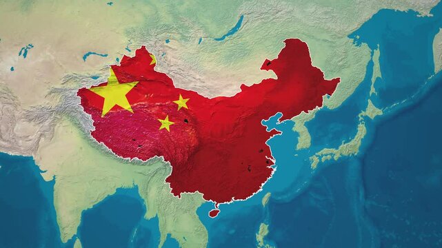 Zoom from Earth to China. (Country Flag) Country map animation with highlighted country borders. Asia Cinematic 3d world map animation highlights aerial views, tourism, and travel. 4k