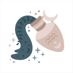Aquarius Zodiac sign clipart in boho style - cute whimsical horoscope design for kids. Celestial hand drawn vector illustration in cartoon flat style.