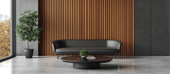 Modern black sofa & coffee table in sleek apartment with wood wall, autumn view
