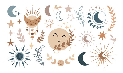 Mystical moon and stars clipart set in boho style - Celestial hand drawn vector collection