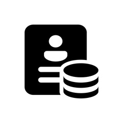 Black silhouette of a document with a person icon and a stack of coins on a white background image