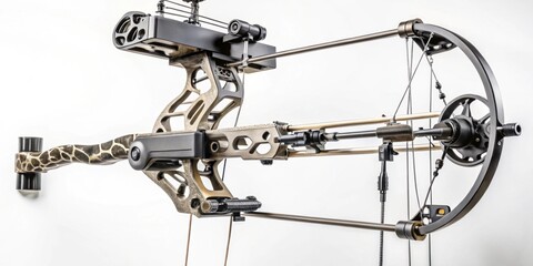 High-performance compound bow with a unique camouflage pattern riser and advanced mechanical components