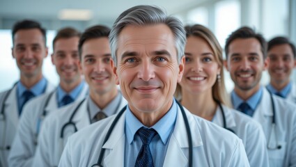 Fototapeta premium Smiling Team of Medical Professionals Posing in a Bright Hospital Environment