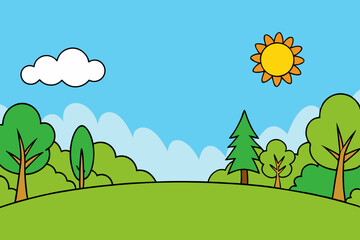Cartoon landscape with trees sun clouds and blue sky background