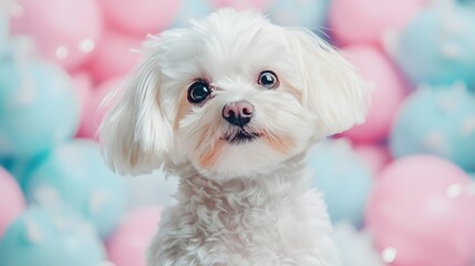 A fluffy white dog gazes sweetly, promoting delicious pastel pet treats in a clean advertisement banner on a bright white background, adorable and appealing.