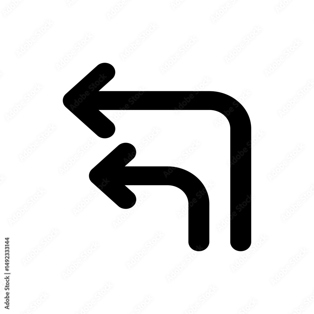 Poster two black left turn arrows with rounded edges indicating direction and navigation on a white backgro