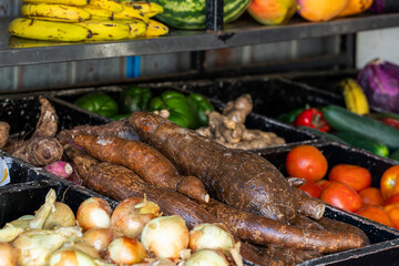 Yucca, onions, tomatoes and other colorful fruits and vegetables displayed on the shelves of a street stall in Tortuguero, Costa Rica