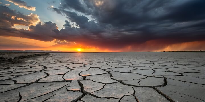 Dramatic Sunset Over Cracked Earth, Drought and Climate Change Concept - Powered by Adobe