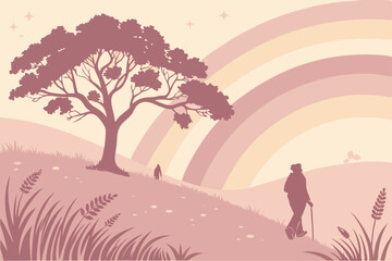 Silhouette of a hiker walking on a hill with gradient sky background