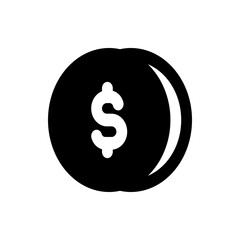 Illustration of a black coin with a white dollar sign and a white crescent moon shape design on it