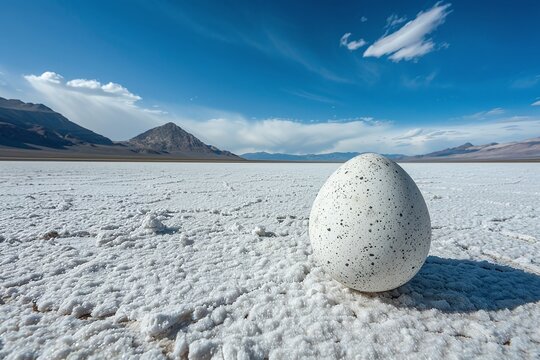 Large Speckled White Egg on a Vast Salt Flat Under a Blue Sky with Mountains in the Background Varient 1