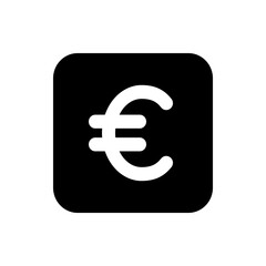 White euro symbol on a black rounded square representing currency and financial transactions and economy icon