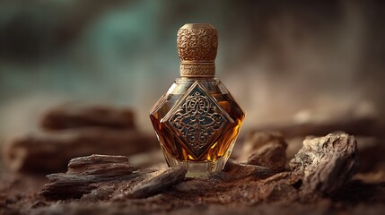 innovative long bottle of a perfume, real product photography, rich in color, oud barks and sand elements as properties, 8k, studio lighting, blurred arabic background, middle .