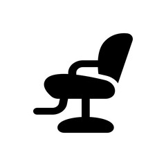 A black silhouette of a salon chair with a rounded back and armrests on a white isolated background