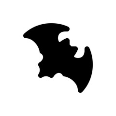 A stylized black silhouette of a bat with spread wings against a white background in a simple design