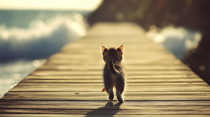Tiny Explorer: A Kitten's Journey on a Wooden Pier towards the Ocean