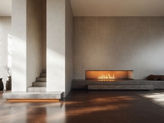Minimalist living room with textured walls featuring a modern linear fireplace with flames, stone steps leading up, sunlight casting shadows, and a simple vase arrangement