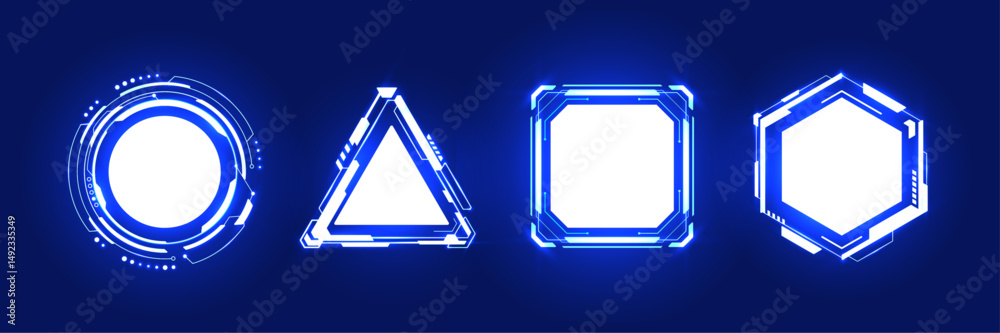 Aufkleber AI HUD neon frame with white shape for text. Set of futuristic design elements in geometric forms. Circle or ring frame, square HUD, triangle, and hexagon. Abstract tech game portals. Digital vector.