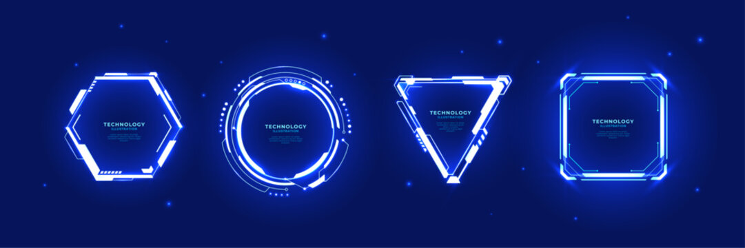 Digital neon HUD frames in futuristic geometric forms. Bright lightning portals with text. Game UX design elements. Futuristic technology cyberpunk set. Hexagon frame, circle HUD, square, and triangle