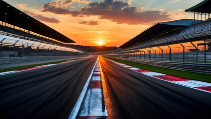 Fototapeta premium Dramatic sunset over curving racetrack asphalt