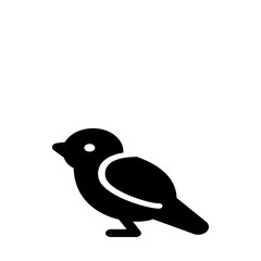 A simple black silhouette of a small bird with a white circle for an eye standing on two legs facing left