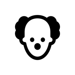 Illustration of a clown face with round eyes and mouth and curly hair on the sides of the head