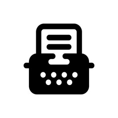 Illustration of a black typewriter with paper and rounded keys in a simplistic design on white background