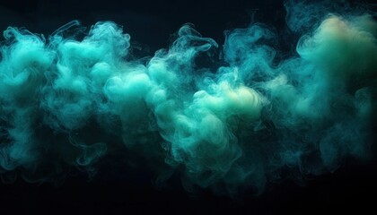 Fototapeta premium Dense swirling turquoise smoke clouds floating against a dark background creating a mysterious and ethereal atmosphere